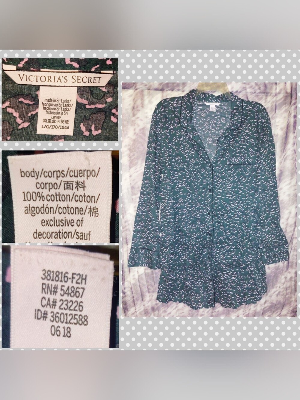 Victoria's Secret Hunter Grn/Pink/Blk Animal Print Button Front Nightshirt Sz L